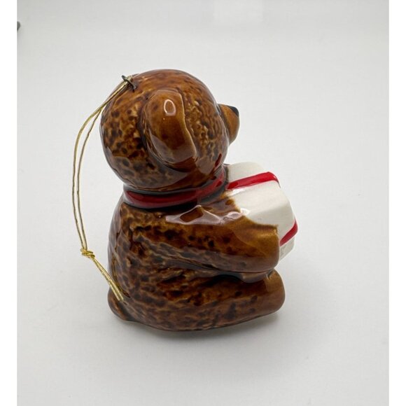 Teddy Bear with Gift Christmas Tree Ornament Brown Glaze Vintage Japan - Picture 5 of 8